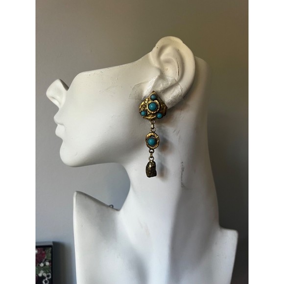 Vintage Mid Century HENRY PERICHON  Earrings Faux Turquoise  Gilt Bronze Rare - Picture 3 of 16